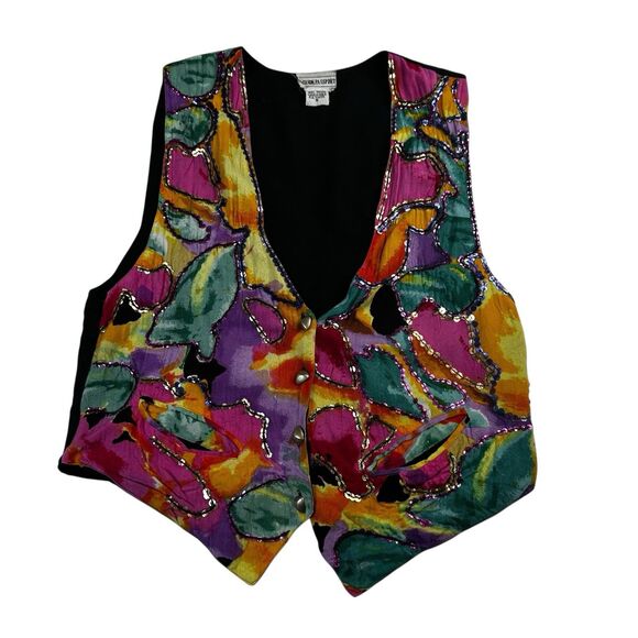 Fashion Passport Women's Vest Cotton Black Multi Size S Fun Funky Vtg - Picture 1 of 8